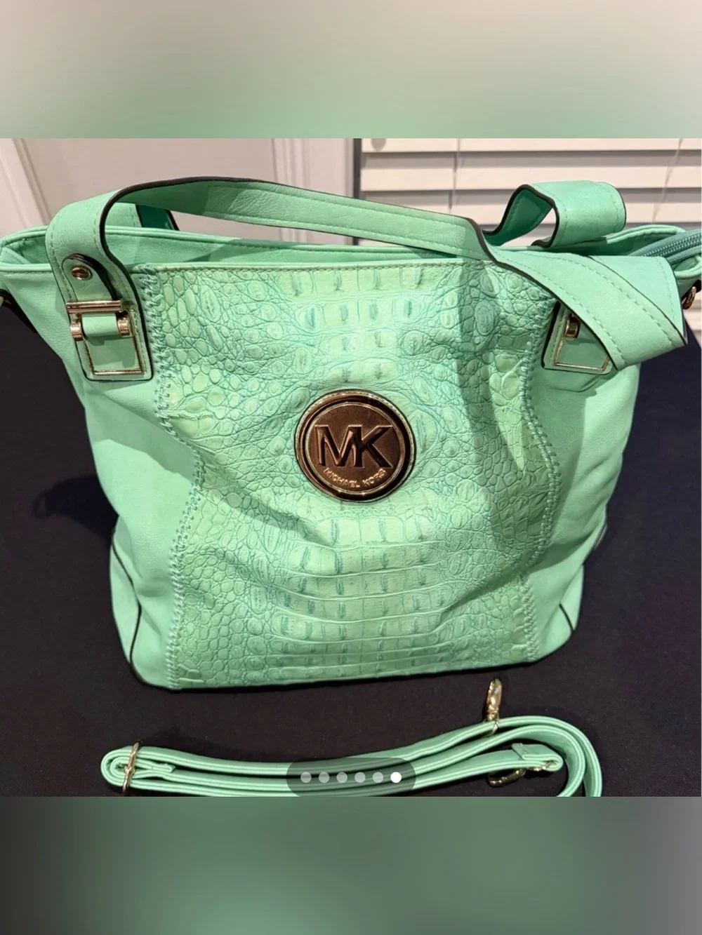 Michael Kors Mint Green Croc-Embossed Shoulder Tote with Gold Logo